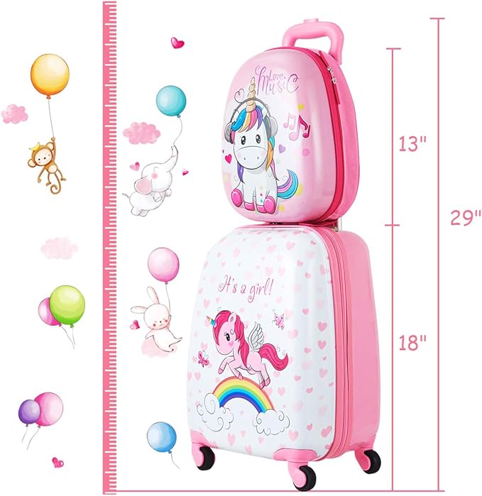 HONEY JOY 2 Pcs Kids Carry On Luggage, 12" School Backpack & 16" Rolling Suitcase, Waterproof Hard Shell Travel Case with Spinner Wheels, Gift for Boys Girls Overnight Travel, Pink Unicorn