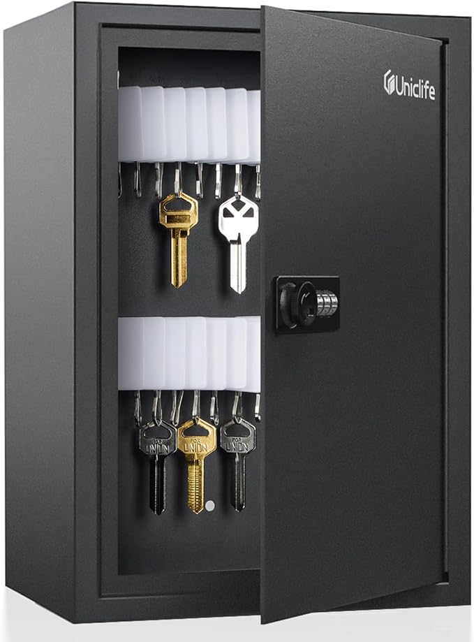 Uniclife 40 Position Slotted Key Cabinet with Combination Lock Resettable Black Digital Security Storage Box Steel Key Organizer with Slotted Racks White Key Tag Labels and Permanent Pen