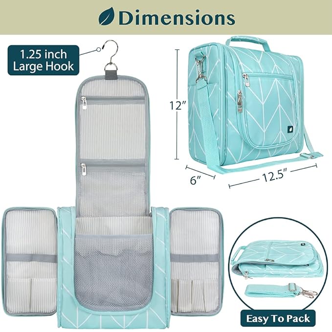 PAVILIA Extra Large Toiletry Bag Travel Bag for Women Men, Hanging Cosmetic Organizer, Water Resistant Makeup Bag for Accessories Toiletries, Travel Essentials Kit (Teal Chevron)