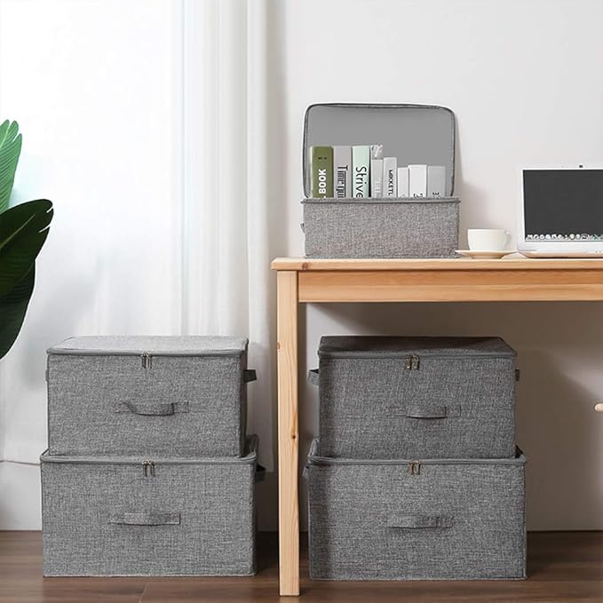 ANMINY Storage Bins with Zipper Lids 51.9 Qt Lidded Fabric Storage Boxes Baskets Cubes with Handles Collapsible Washable Cotton Linen Closet Shelf Clothes Organizer - Gray, Extra Large