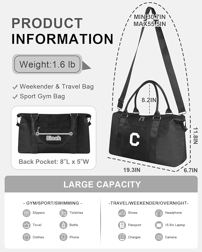 Initial Travel Duffel Bag Sports Gym Bag for Boys Teen Birthday Gifts,Black Personalized Weekender Bag Carry On Tote Bags for Men,Waterproof Overnight Luggage Bag Airplane Travel Essentials(Letter C)