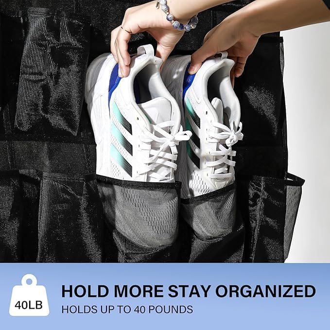 Over the Door Shoe Organizer, 24 Large Breathable Mesh Pockets, Hanging Storage Holder, Hanging Shoe Organizer(Grey)