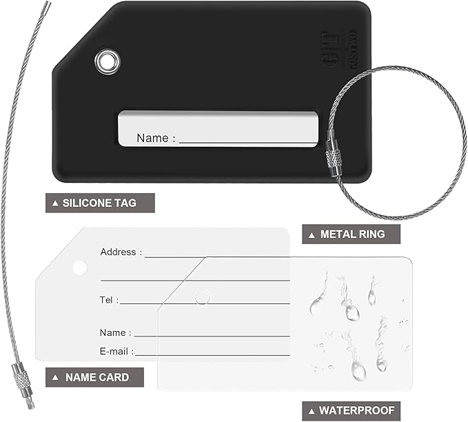 8 Pcs Luggage Tags for Suitcases, 26 Initial Letter Travel Luggage Baggage Identification Labels ID Tags Fully Bendable Tags with Stainless Steel Loop (Letter M, Black)