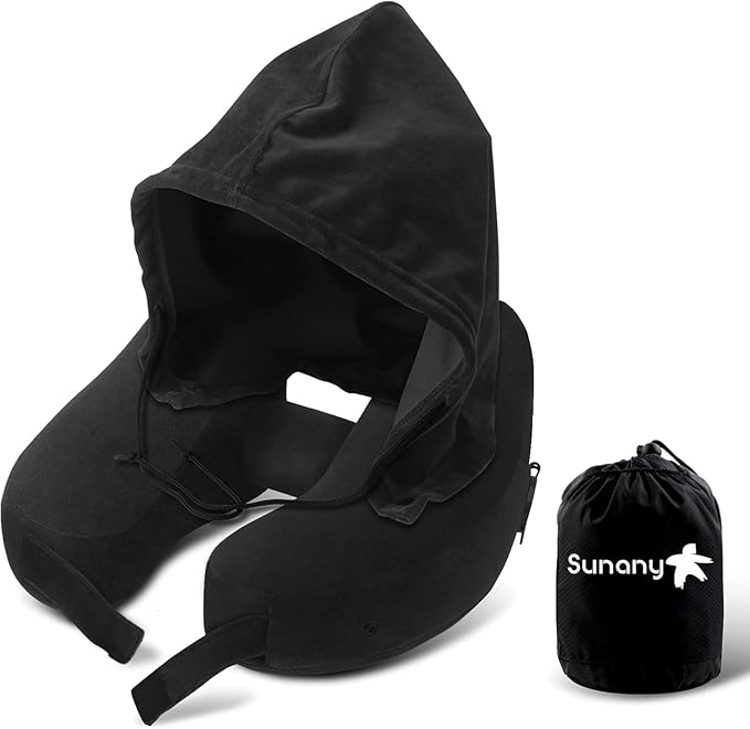 Neck Pillow for Travel Inflatable Airplane Pillow Comfortably Supports Head,Neck and Chin,Inflatable Travel Pillow with Soft Velour Cover,Hat,Portable Drawstring Bag (Black)