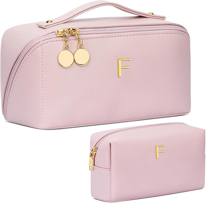 Birthday Gifts for Women Teen Girl, Personalized Initial Makeup Organizer Bag Set, Open Flat Travel Cosmetic Bag With Clear Divider and Handle(Pink,F)