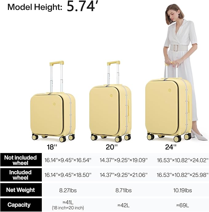 mixi Carry On Luggage, 18” Suitcase with Front Laptop Pocket, Travel Luggage Aluminum Frame PC Hardside with Spinner Wheels & TSA Lock and Cover (Not for Underseat), Lark Yellow