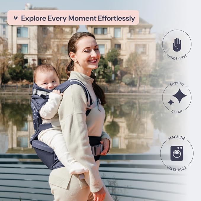 BabbleRoo Grow Carrier – 6-in-1 Baby Carrier with Hip Seat, Ergonomic, Cozy & Adjustable Toddler Carrier 7-50 lbs with Hip & Lumbar Support, Hood for Sun Protection, Newborn to Toddler, Navy Hearts
