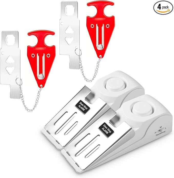 Portable Door Stop Alarm and Traveling Hotel Door Lock, No Installation Required, Provides Double Security for Home, Hotel and Traveling (2 Door Lock + 2 Door Stop)