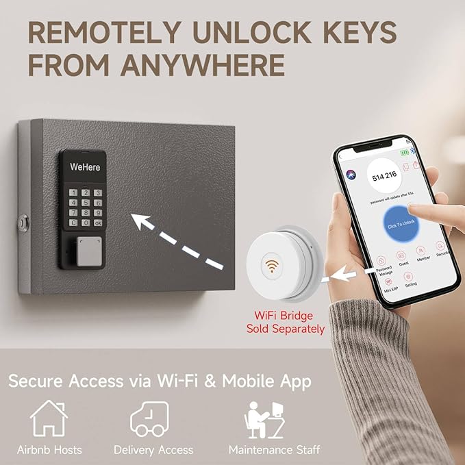 WeHere 16 Key Lock Box Wall Mount, APP Bluetooth/OTP/Wi-Fi/Fixed Code/Key Unlock, Smart Key Cabinet with Key Tag, Key Organizer Holder Box, Key Management Directory for Office, Valet, Realtor, Hotel