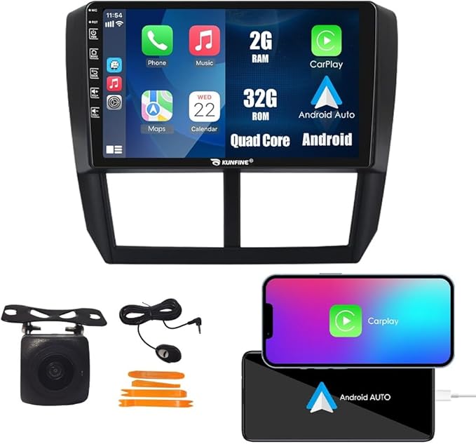 Kunfine Car CarPlay Android Auto Navigation Stereo GPS Radio Reverse Camera Display 9" IPS Touchscreen Headunit Tablet Pad Media Player for Subaru Forester 2007-2013, if Applicable Quad Core 2G+32G