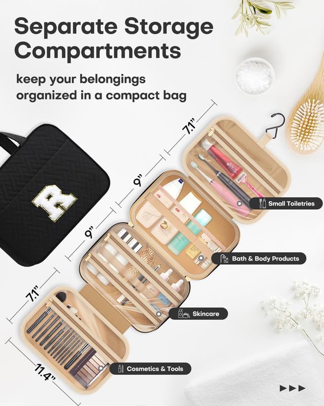HOTOR Travel Toiletry Bag - Personalized Chenille Initial Makeup Bag, Water-Resistant Personalized Gifts for Women, Portable Travel Accessories & Essentials, Letter R, Black, 11.4"×9.0"×3.35"