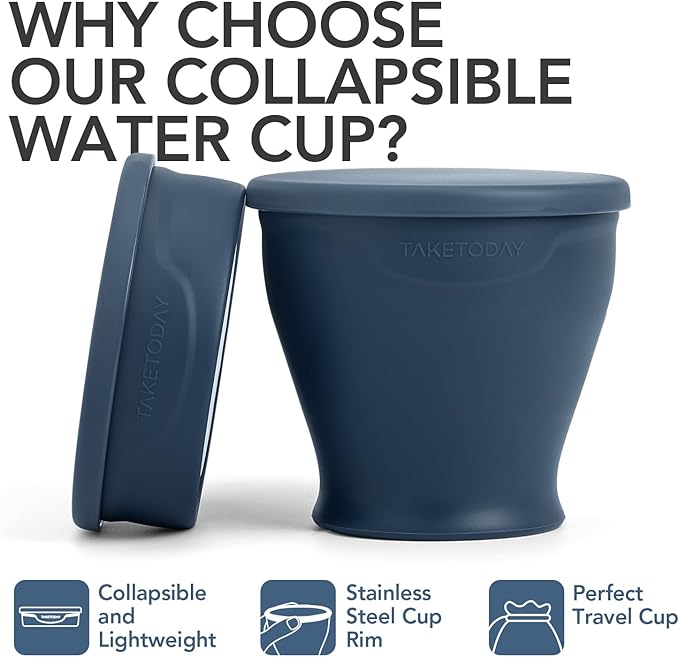 TakeToday 2PCS Collapsible Travel Cup - Silicone Foldable Water Cup, BPA-Free with Lid & Waterproof Bag - Drinking Cup Set for Camping, Outdoors & International Travel（8 Oz, Navy & Lowcountry Peach）