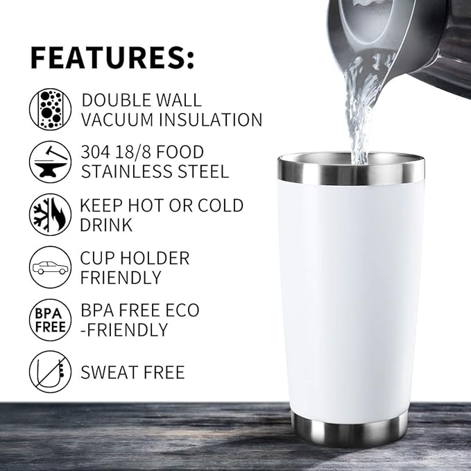 20oz Tumbler Bulk Stainless Steel Vacuum Insulated Tumblers with Lid Double Wall Travel Mug Durable Powder Coated Coffee Cup, Suitable for Ice Drinks and Hot Beverage (White 1pack)