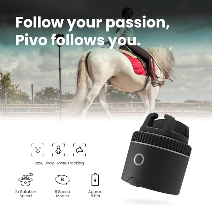 Pivo Equestrian Silver Starter Pack, Auto Face, Body, Horse Phone Tracking Holder, Ai-Powered 360° Rotation, Remote Control for Hands-Free Video Recording with Smart Mount and Travel Case