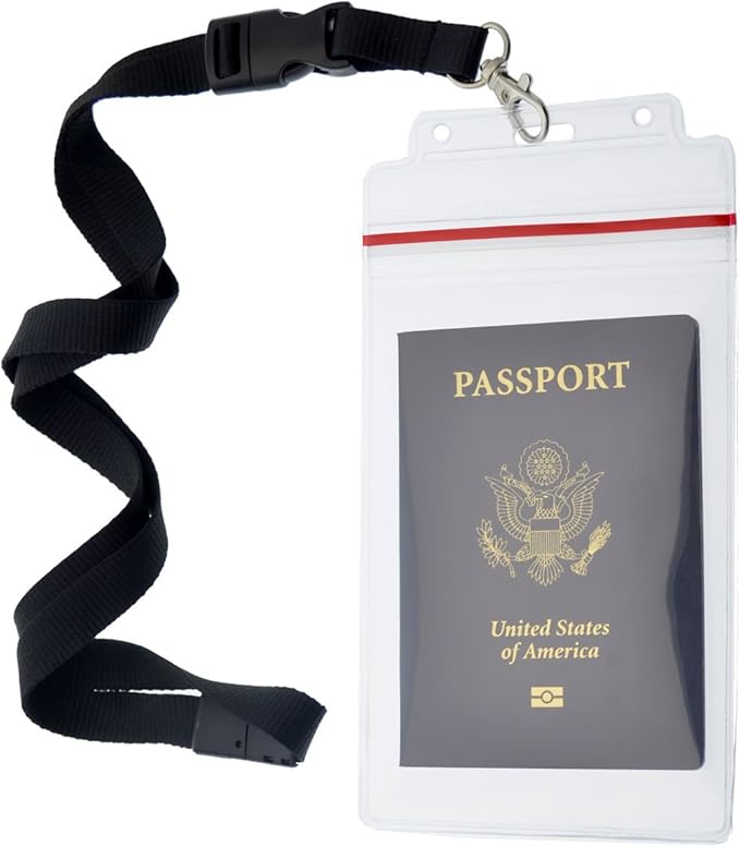 Passport Holders - 2 Pack - Heavy Duty Water and Tear Resistant Resealable Sleeves & Premium Breakaway Lanyard - 4X6 Insert for Vaccination Cards, Cruise, Travel, and Beach Vacation Documents (Black)
