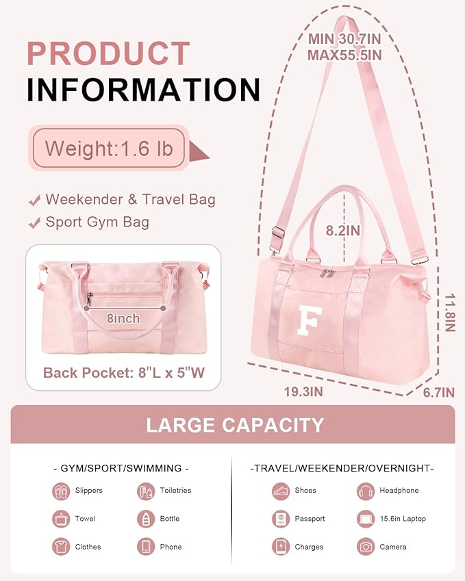 Initial Travel Duffel Bag Sports Gym Bag for Girls Teen Birthday Gifts,Pink Personalized Weekender Bag Carry On Tote Bags for Women Men,Waterproof Overnight Luggage Bag with Trolley Sleeve(Letter F)