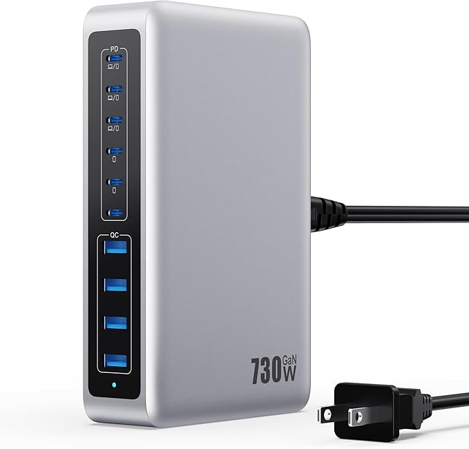 730W USB C Charger Block,10-Ports GaN V Fast Charging Station Hub,QC4.0+3 PD 100W Laptop Charger Wall Power Adapter for MacBook Pro/Air,DELL,iPhone 17/16/15/14,iPad,Galaxy S25,Pixel,Steam Desk-Silver