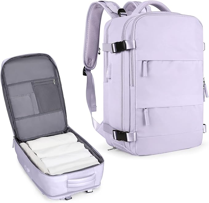 coowoz Large Travel Backpack For Women Men,Carry On Flight Approved,Hiking Waterproof Outdoor Sports Rucksack Casual Daypack Fit 15.6 Inch Laptop Shoes Compartment (Purple)