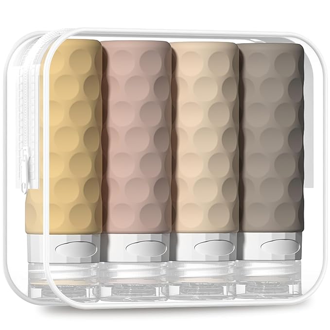 Travel Bottles for Toiletries, 4pcs Tsa Approved 3oz Travel Size Containers, BPA Free Leak Proof Premium Silicone Bottles, Refillable Liquid Squeezable Accessories W/Toiletry Bag（Apricot）