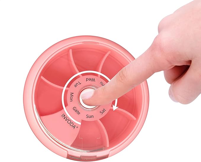 INVODA Weekly Pill Organizer 7 Compartment Rotating Pill Box for Daily Medication & Vitamins - Portable Travel Pill Case Fish Oil Supplements Vitamins Organizer (Pink+Sky Blue+Green)