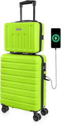 AnyZip Suitcase, 20" Carry On Luggage 14" Mini Cosmetic Cases Luggage Sets Hardside PC ABS Lightweight USB Suitcase with Wheels TSA (2 Piece Set 14/20, AppleGreen)