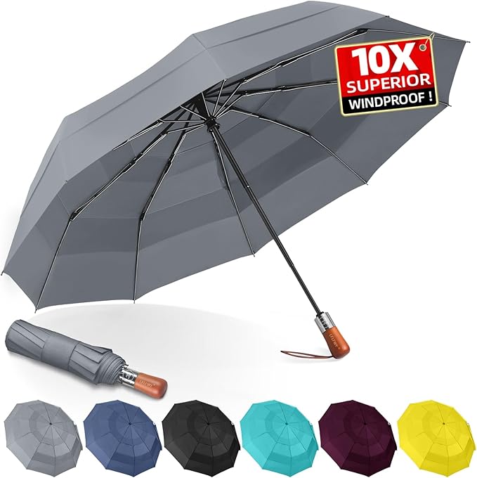 3T Wind Armor Travel Umbrella Compact Easy Auto Open Close Folding Umbrellas for Rain Windproof Umbrella for Women and Men Durable Real Wood Handle Portable Fits Backpack Car