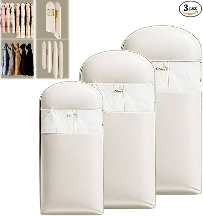 3 Packs Space Saving Garment Bag with Self Compression Zipper, Travel Suit Bags for Closet Storage, Hanging Garment Bag for Coats, Down Jackets (M+L+XL,Beige)
