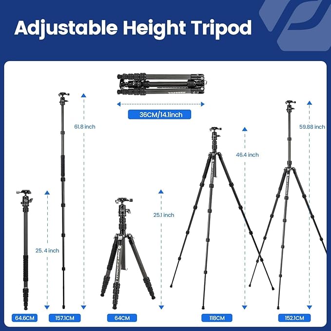 Fotopro 59" Carbon Fiber Travel Tripod, Lightweight Compact Camera Tripod with Ball Head Quick Release Plate, Compact Detachable Monopod with Carry Bag, Load up to 8KG/17.63lbs