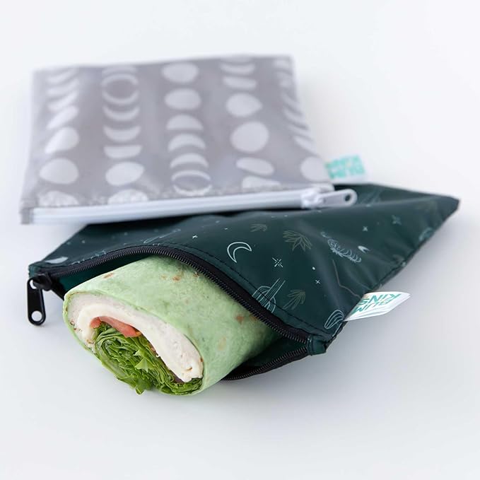 Bumkins Reusable Sandwich and Snack Bags, for Kids School Lunch and Adults Portion, Washable Fabric, Waterproof Cloth Zip Bag, Travel Pouch, Food-Safe Storage, Large 2-pk Desert Dk. Green and Gray