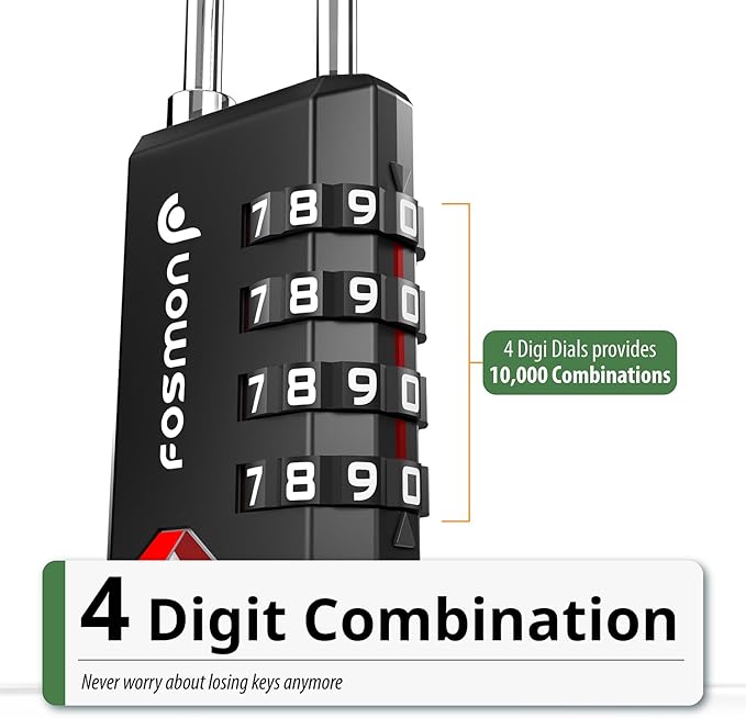 Fosmon TSA Approved Locks for Luggage, Suitcase, Heavy Duty Gun Safe Lock for Gun Case, 4 Digit Shackle Combination Padlock for Travel, Backpack Zipper Anti Theft, Gym Locker, Pistol, Handgun