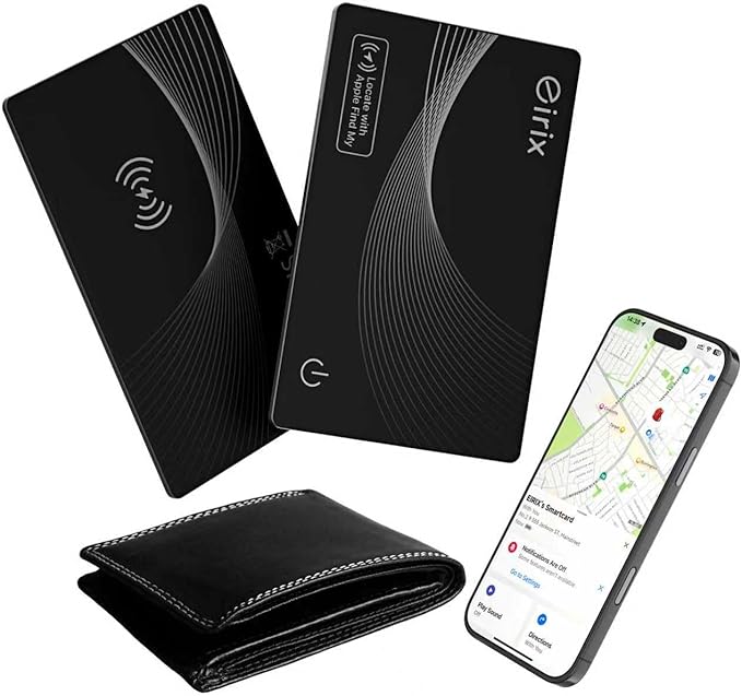 2025[Apple MFi Certified] eirix Air Tags Wallet Tracker Card Work with Apple Find My (iOS Only), Rechargeable Airtag GPS Tracker Item Locator Thin Finder for Wallet, Keys, Luggage, Bags (Black 2Pack)