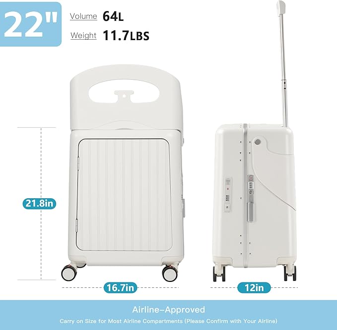 22" Ride On Luggage with Seat for Kids & Adults, Lightweight Hardside Ride-On Suitcase with Front Opening, TSA Lock, 360° Spinner Wheels (Matte White, 22-inch)