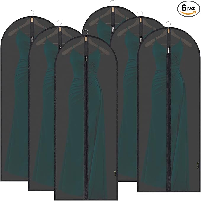 BALEINE 60'' Translucent Garment Bags, 6 Packs PEVA Dress Bag for Closet Clothes Dresses Suit Coats Storage (Black, 6PK)