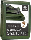 15x15 Feet Tarp Waterproof,9Mil Thick,Finished Size Tarps,UV Resistant,Durable,Multipurpose Poly Tarp Cover with Metal Grommets and Reinforced Edges,Green/Black by RAINDEWAY