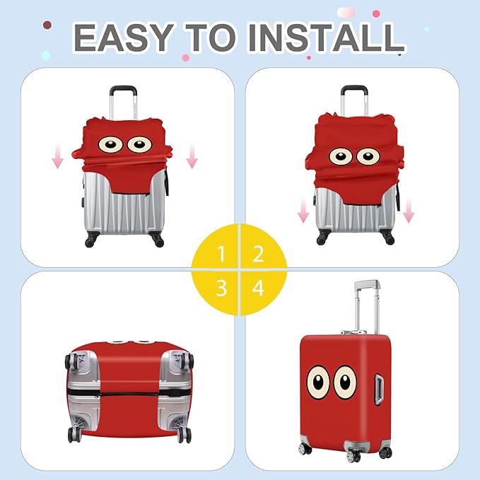 ANNA QUEEN Funny Cartoon Eyes Luggage Cover, Red Suitcase Protector with Cute Big Eyes Design, Travel Suitcase Cover for 28-30 Inch Luggage, Stretchable & Washable Spandex Travel Accessories