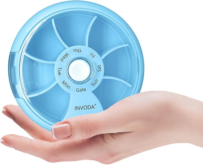 INVODA Weekly Pill Organizer 7 Compartment Rotating Pill Box for Daily Medication & Vitamins - Portable Travel Pill Case Fish Oil Supplements Vitamins Organizer (Blue+Bag)