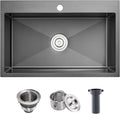 POPFLY Kitchen Sink, 28×20 Inch Drop In 18 Gauge Handmade SUS 304 Top mount Stainless Steel 9 Inch Deep Single Bowl Kitchen Sinks, Black