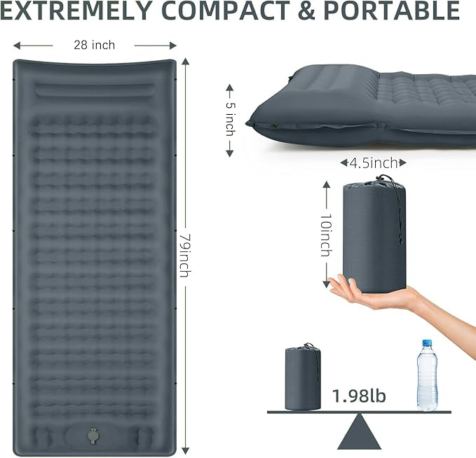 Camping Sleeping Pad, Extra Thick 5 Inch Camping Mat with Pillow Built-in Foot Pump Inflatable Sleeping Pads Compact for Camping Backpacking Hiking Traveling Tent（Gray）