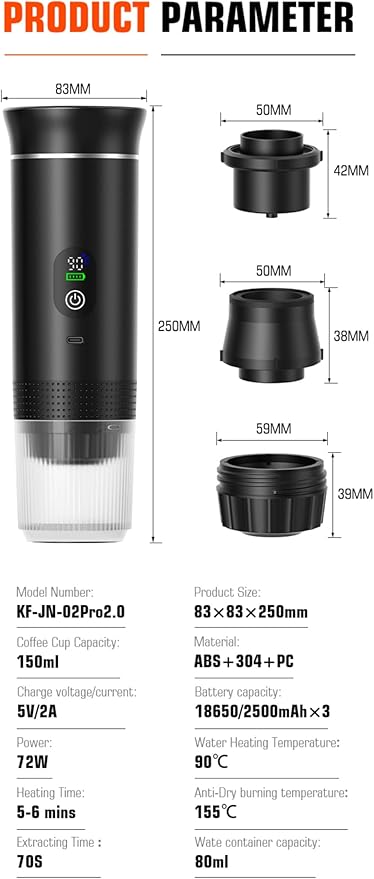 Portable Electric Coffee Maker, Digital Display, Compatible with Coffee Pods,Rechargeable Coffee Machine for Travel, Camping, RV,Home,Office (white)