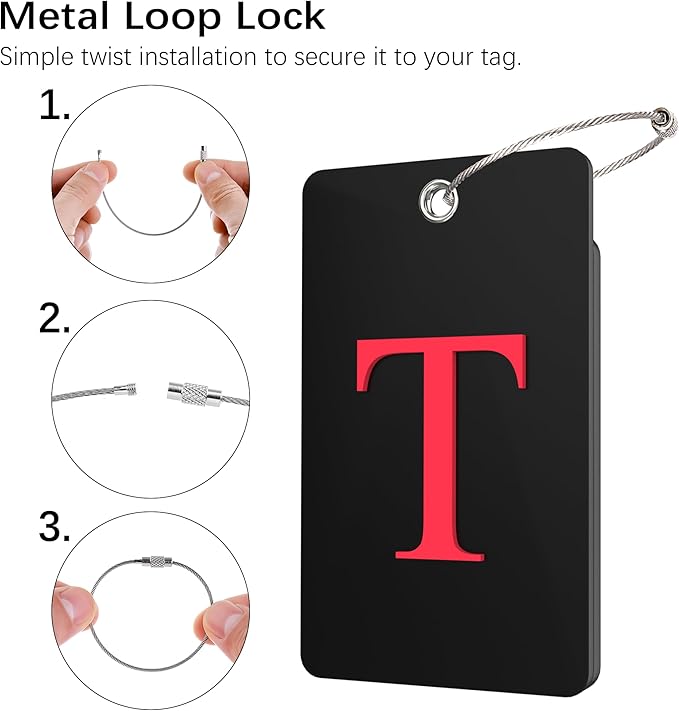 Gostwo 2 Pack Luggage Tags for Suitcases, 26 Initial Letter Travel Luggage Baggage Identification Labels ID Tag Fully Bendable Tags with Stainless Steel Loop (Black) (Letter T)