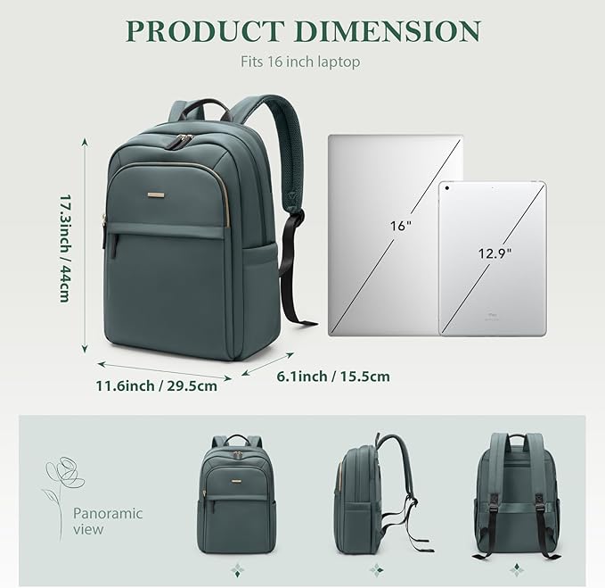 Travel Backpack for Women Personal Carry On Bag Business Weekender Hiking Multilayer Laptop Bag,16 Inch,DarkGreen