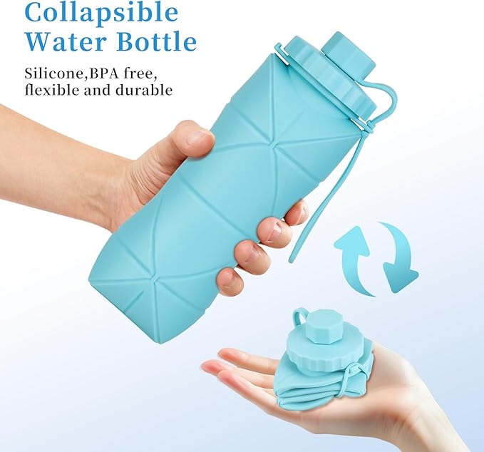 YCT Collapsible Silicone Travel Water Bottle 20oz (600ml), Reuseable Leakproof BPA Free Foldable Sports Bottle, with Carrying Strap, Pink