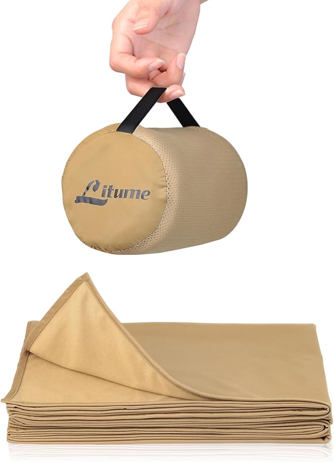 Travel Blanket Lightweight and Breathable, 67 x 48 in Soft Airplane Flight Blanket for Travelers, Foldable Camping Sheet with Stuff Sack for Train, Camp, backapcking, office, home(Creamy Brown)