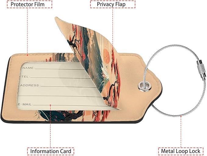 Mount Fuji and Sea 2 Pack Luggage Tag for Suitcase, Leather Bag Tags Identifiers Privacy Cover ID Label with Steel Loop for Women Men Kids Girls Travel