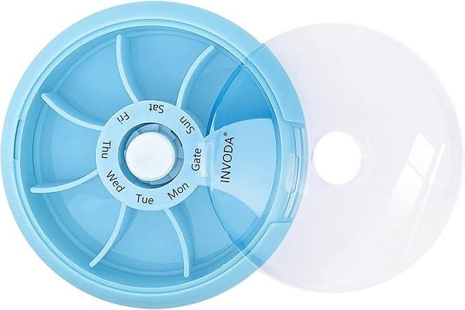INVODA Weekly Pill Organizer 7 Compartment Rotating Pill Box for Daily Medication & Vitamins - Portable Travel Pill Case Fish Oil Supplements Vitamins Organizer (4 Pill Box+ 4 Bag)