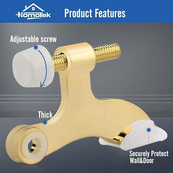 HOMOTEK 12 Pack Hinge Pin Bright Brass Door Stopper, Gold Door Stops, Adjustable Deluxe Heavy Duty Door Stopper 2-1/2"x1-3/4”,with White Rubber Bumper Tips