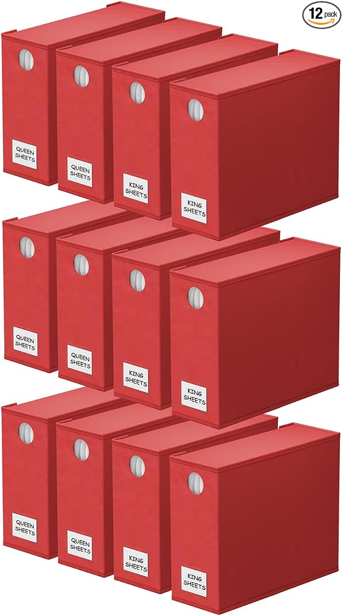 SpaceAid 12 Pack Bed Sheet Organizers and Storage, Foldable Organizer for Linen Closet, Set Folder Keeper With Window XL (Queen & King Size) Bedding Container (Red)
