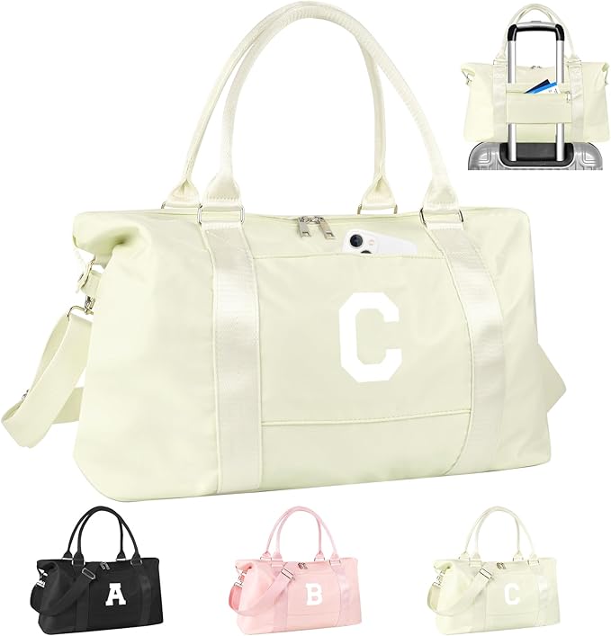 Initial Travel Duffel Bag Sports Gym Bag for Kids Teen Birthday Gifts,Beige Personalized Weekender Bag Carry On Dance Bags for Women Men,Waterproof Monogram Overnight Bag with Trolley Sleeve(Letter C)