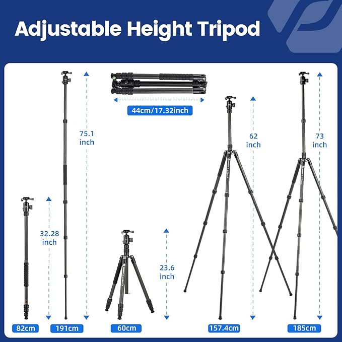 Fotopro 73" Carbon Fiber Tripod for Camera, Compact Travel Tripod with Ball Head, Detachable Monopod with Quick Release Plate and Camera Bag, Load up to 22lbs/10KG