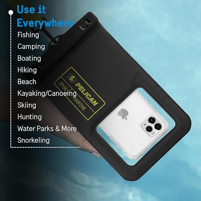 Pelican Marine - IP68 Waterproof Phone Pouch (XL Size) Floating Waterproof Phone Case - Beach Cruise Ship Travel Essentials - Works with All Phones - Detachable Lanyard - Black/Hi-Vis Yellow